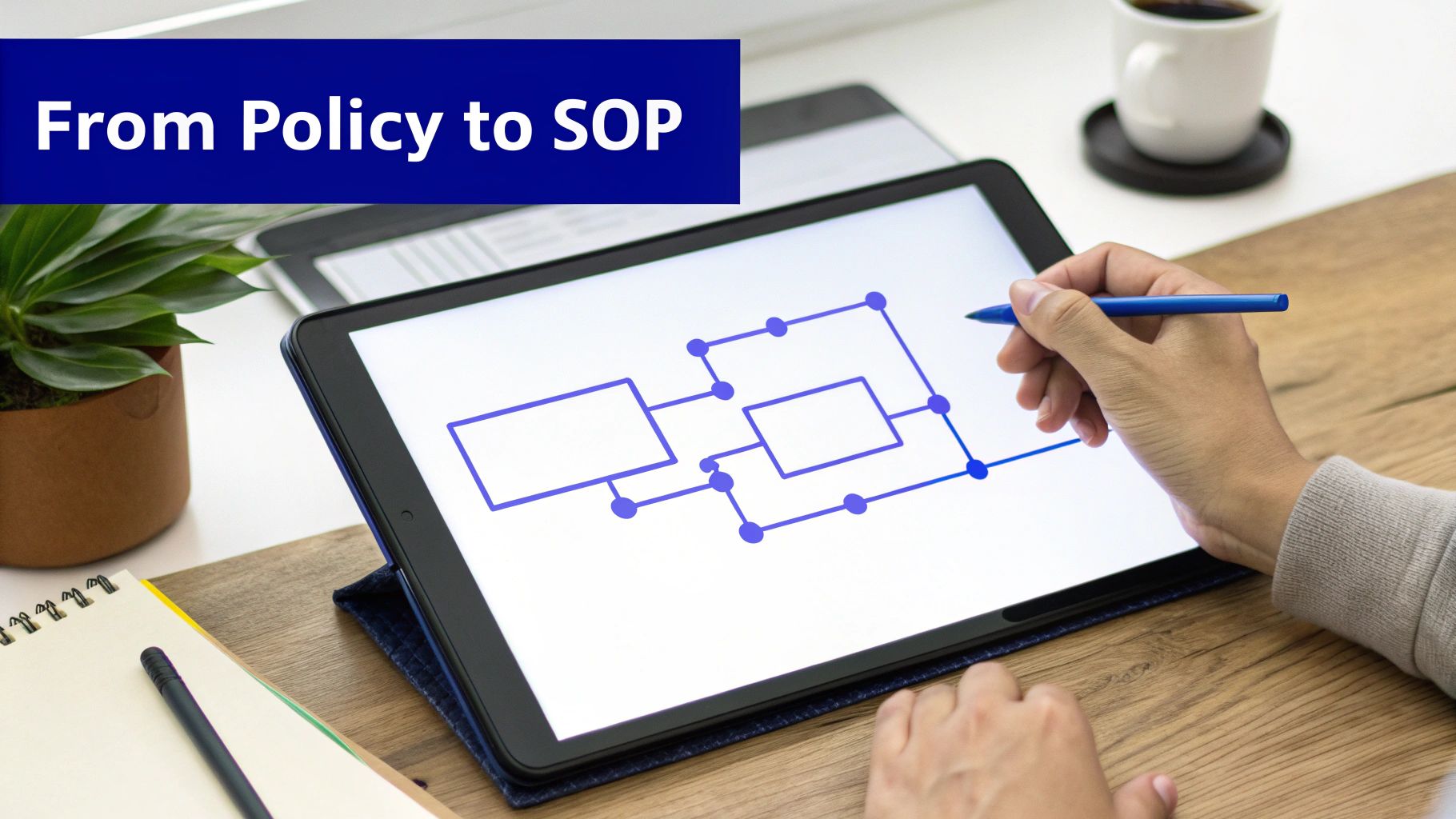 Hands drawing a process flowchart on a tablet with a stylus, illustrating 'From Policy to SOP'.