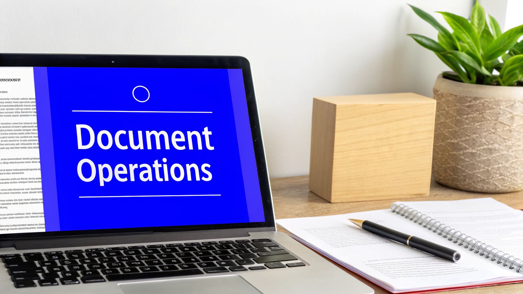 A laptop displaying 'Document Operations' on a blue screen, next to office supplies and a plant.