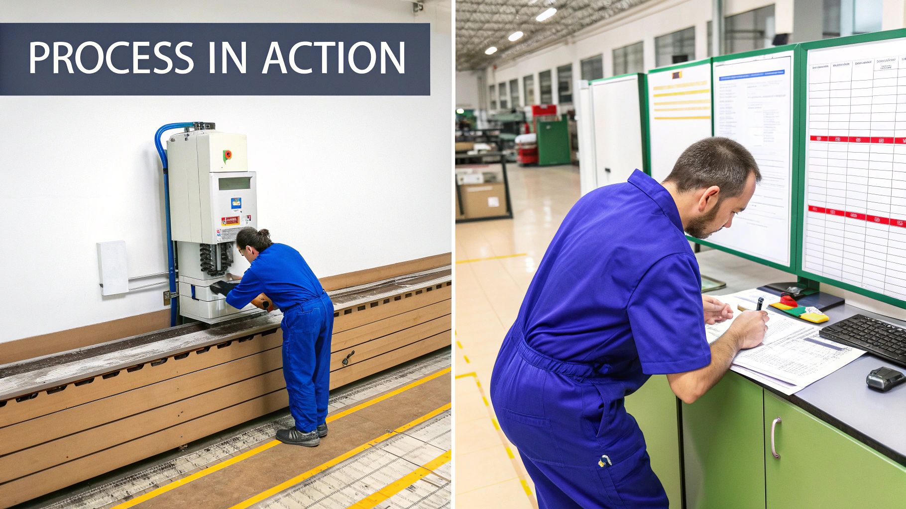 Two workers in blue overalls performing different tasks in a factory, showing processes in action.