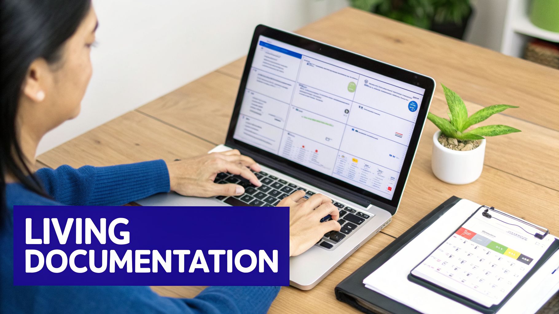 A person types on a laptop displaying a business dashboard, with a clipboard nearby on a wooden desk.