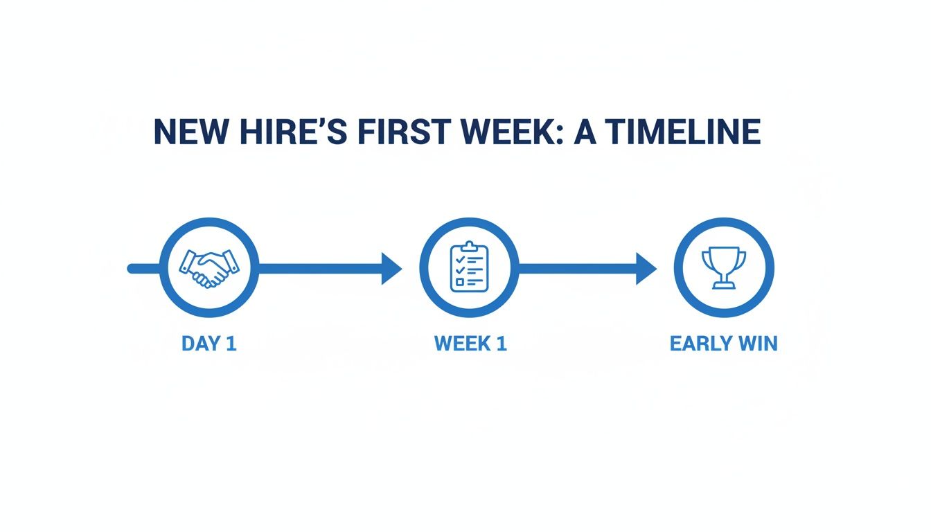 A timeline illustrating a new hire's first week, from day one to achieving an early win.