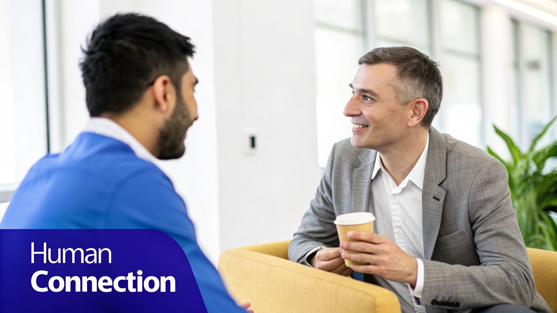 Two professionals engaging in a friendly discussion, emphasizing human connection in an office setting.