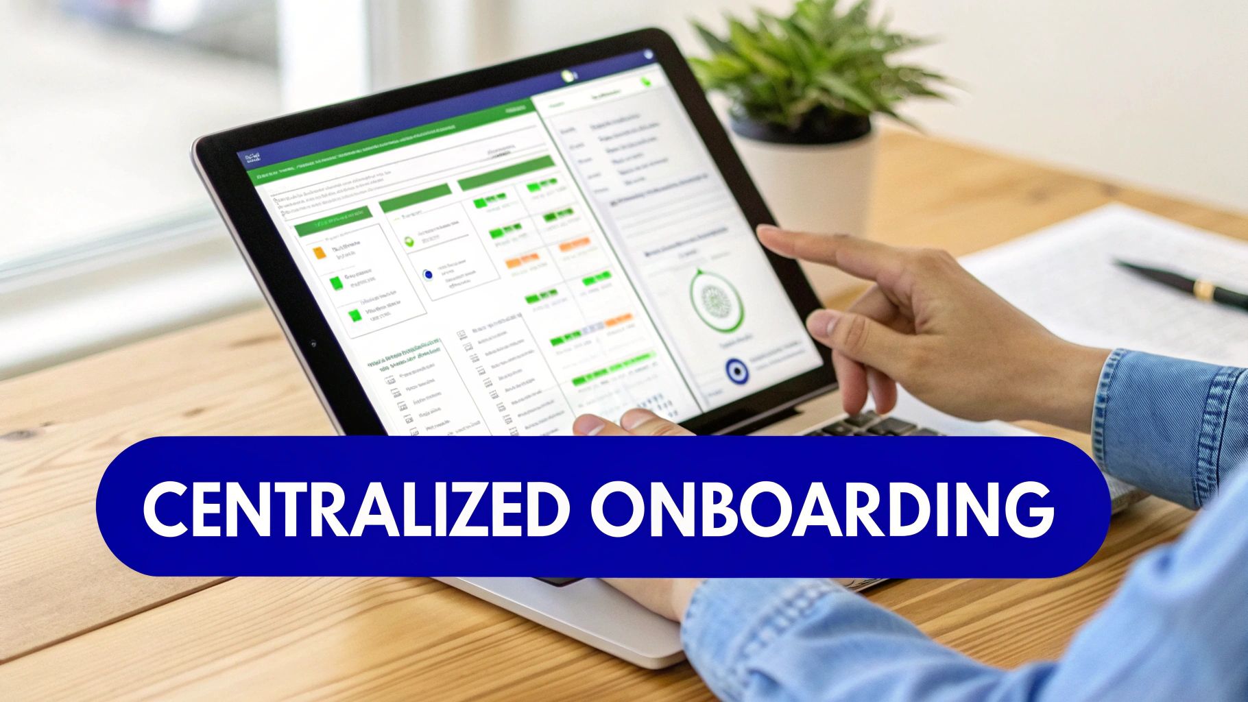 A person interacts with a laptop displaying a centralized onboarding dashboard.