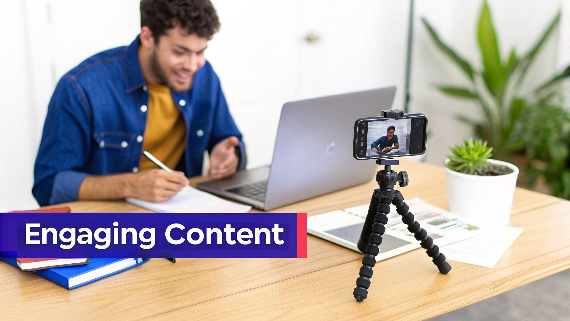 A smiling man records a video on his phone while taking notes, creating engaging content.