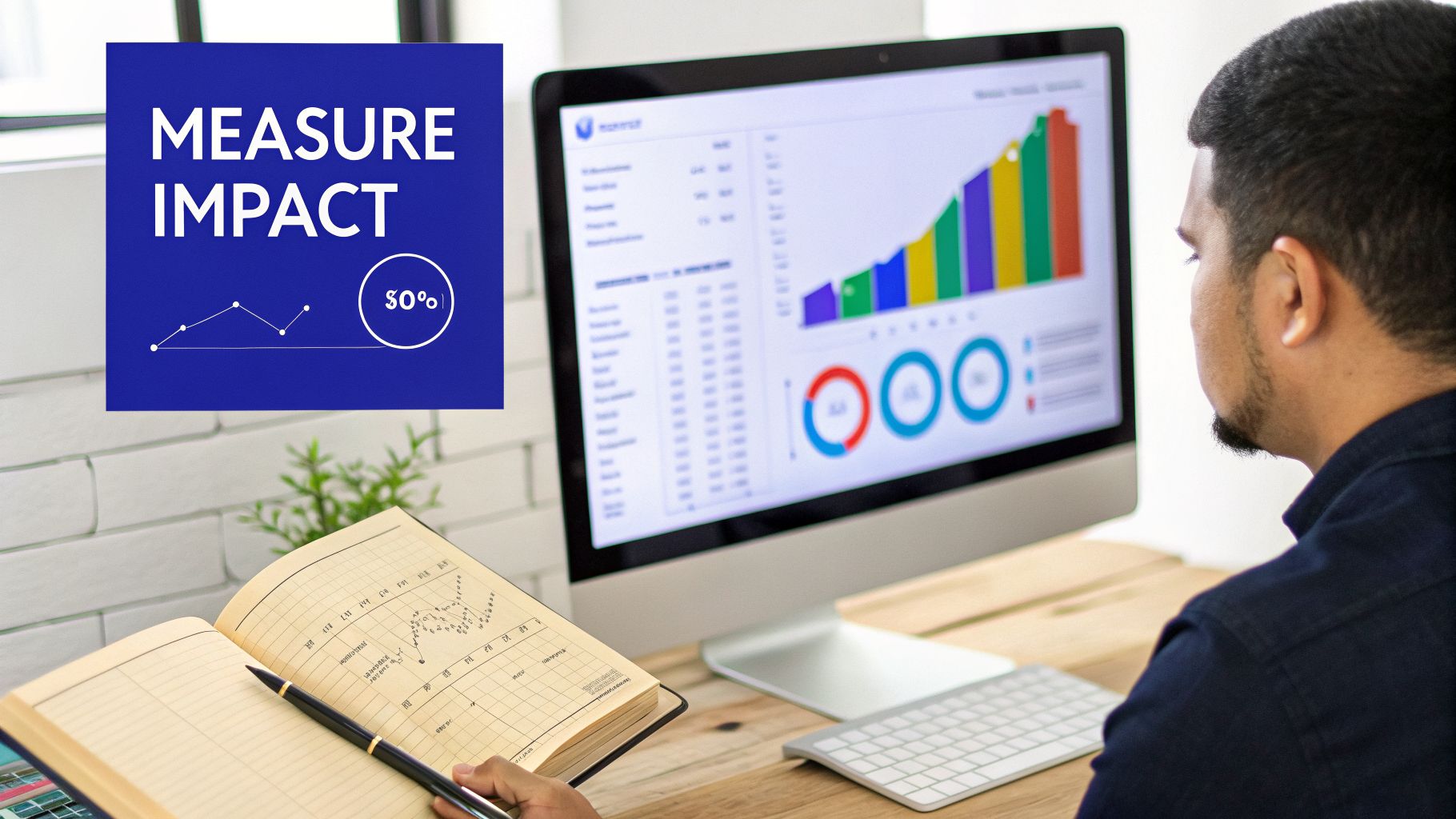 Man analyzing business data and charts on a computer screen and notebook with 'Measure Impact' graphic.