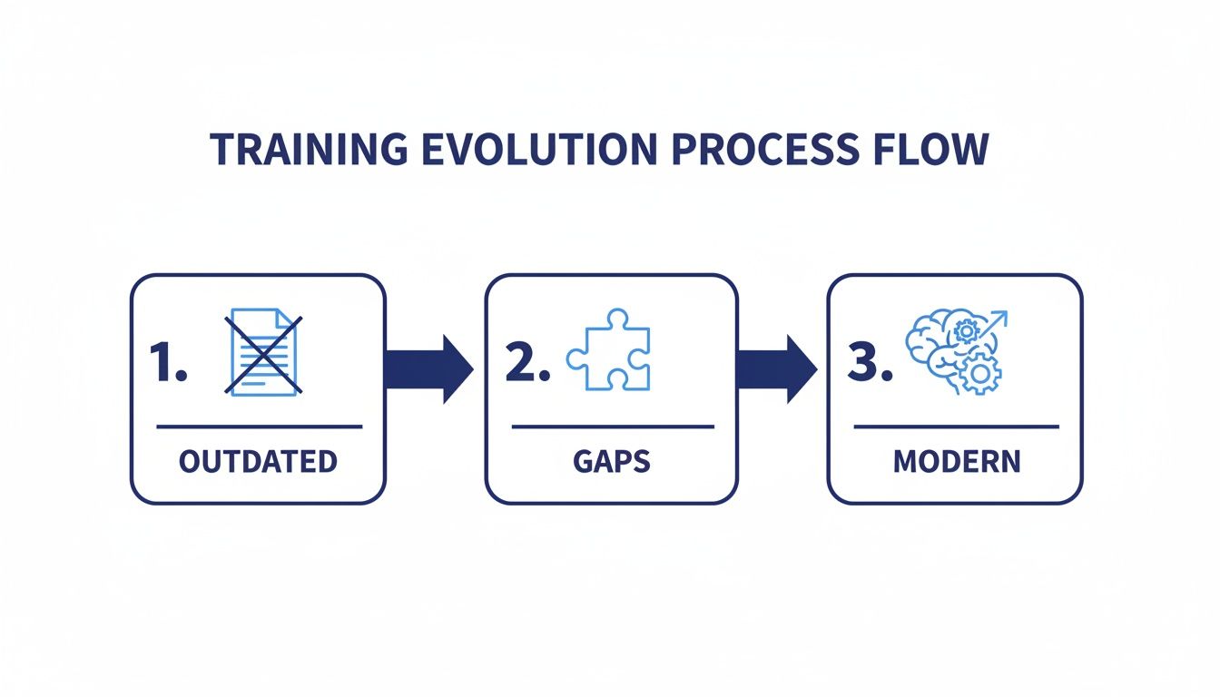 Flowchart illustrating the evolution of training programs from outdated to modern methods, identifying gaps.