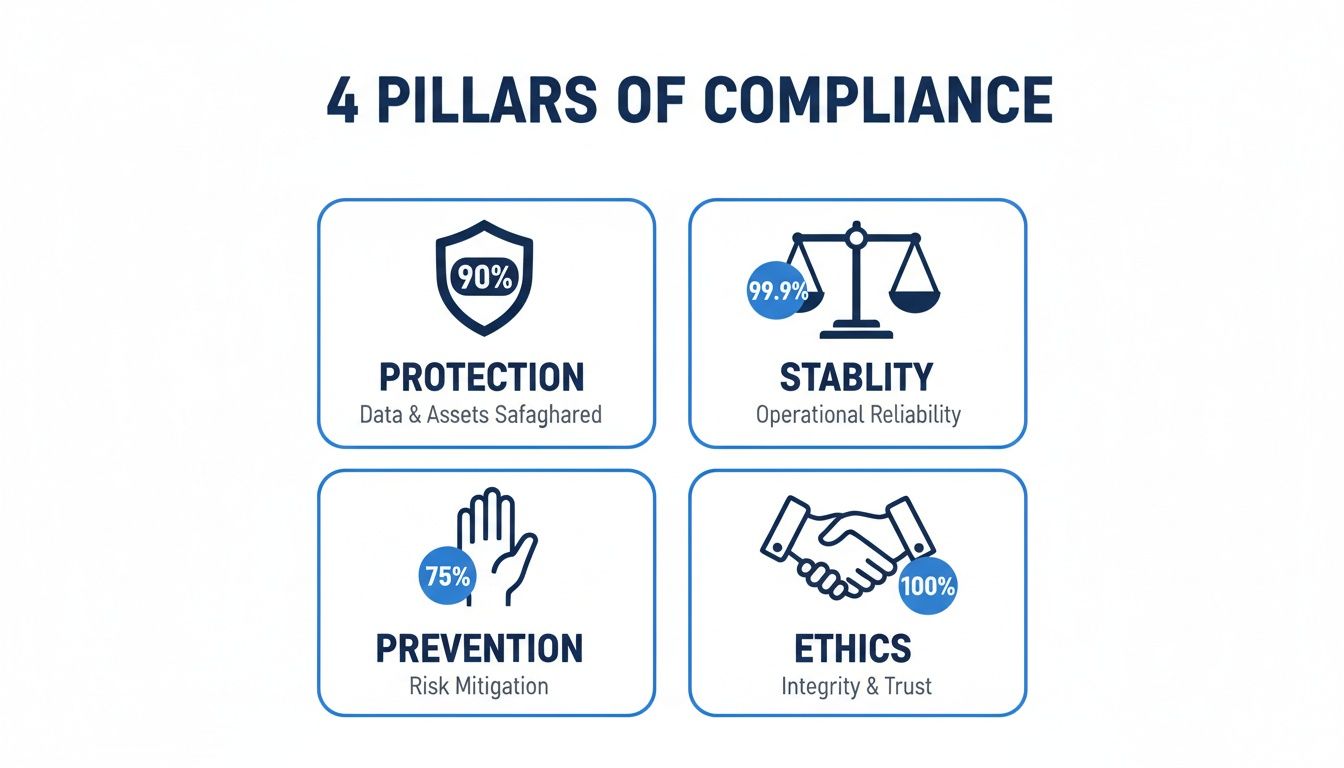 An infographic outlines the four essential pillars of compliance: Protection, Stability, Prevention, and Ethics.