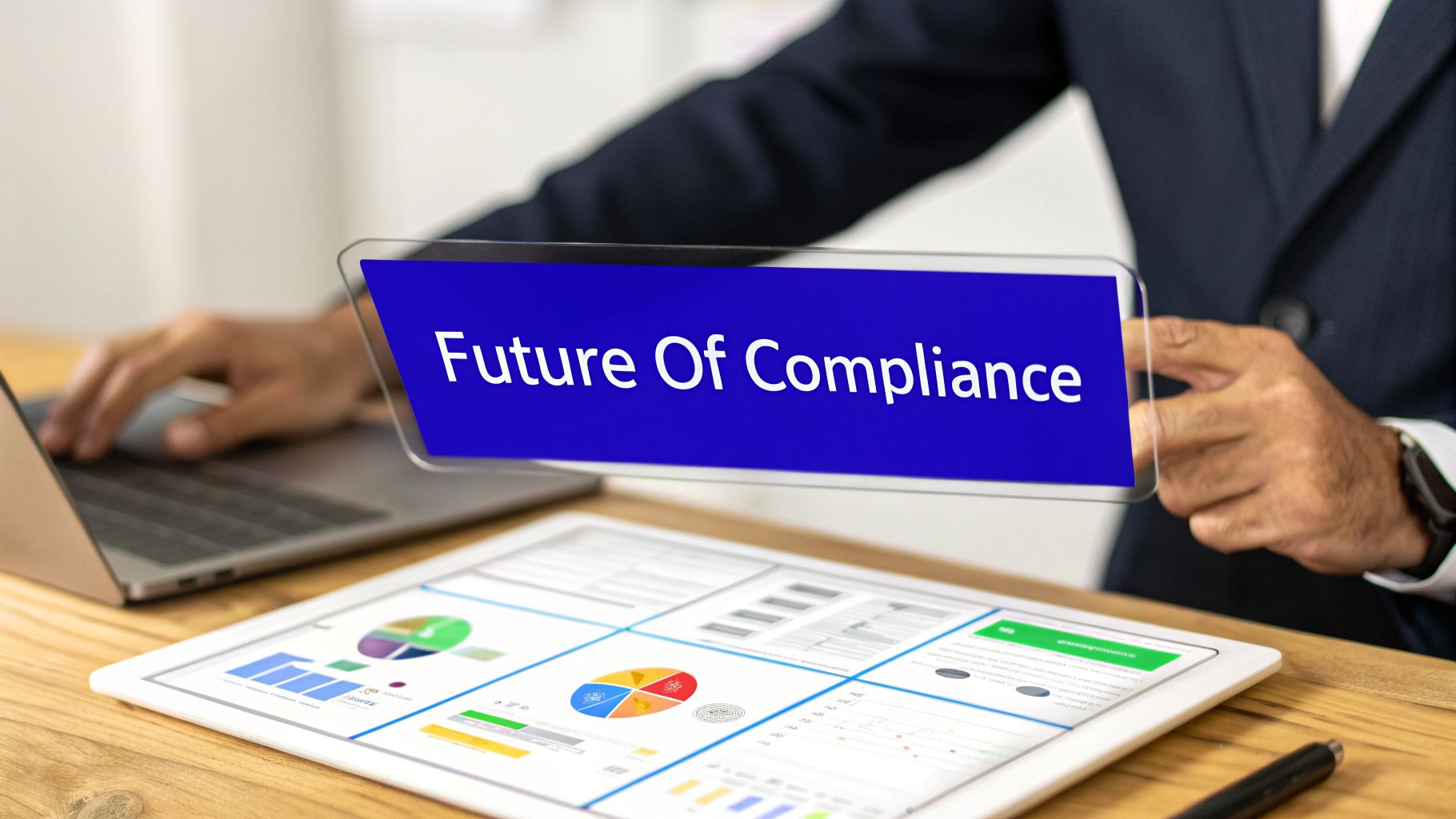 Person interacting with a holographic display showing "Future Of Compliance" next to a laptop and tablet with data.