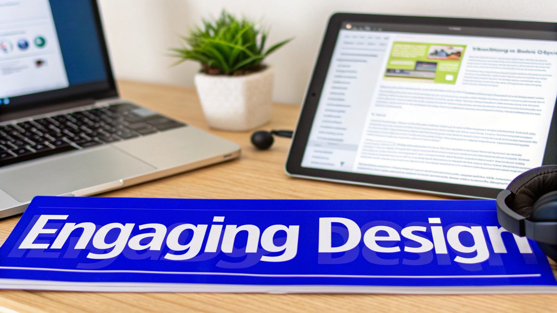 A workspace with a laptop, tablet, potted plant, headphones, and a blue folder titled 'Engaging Design'.