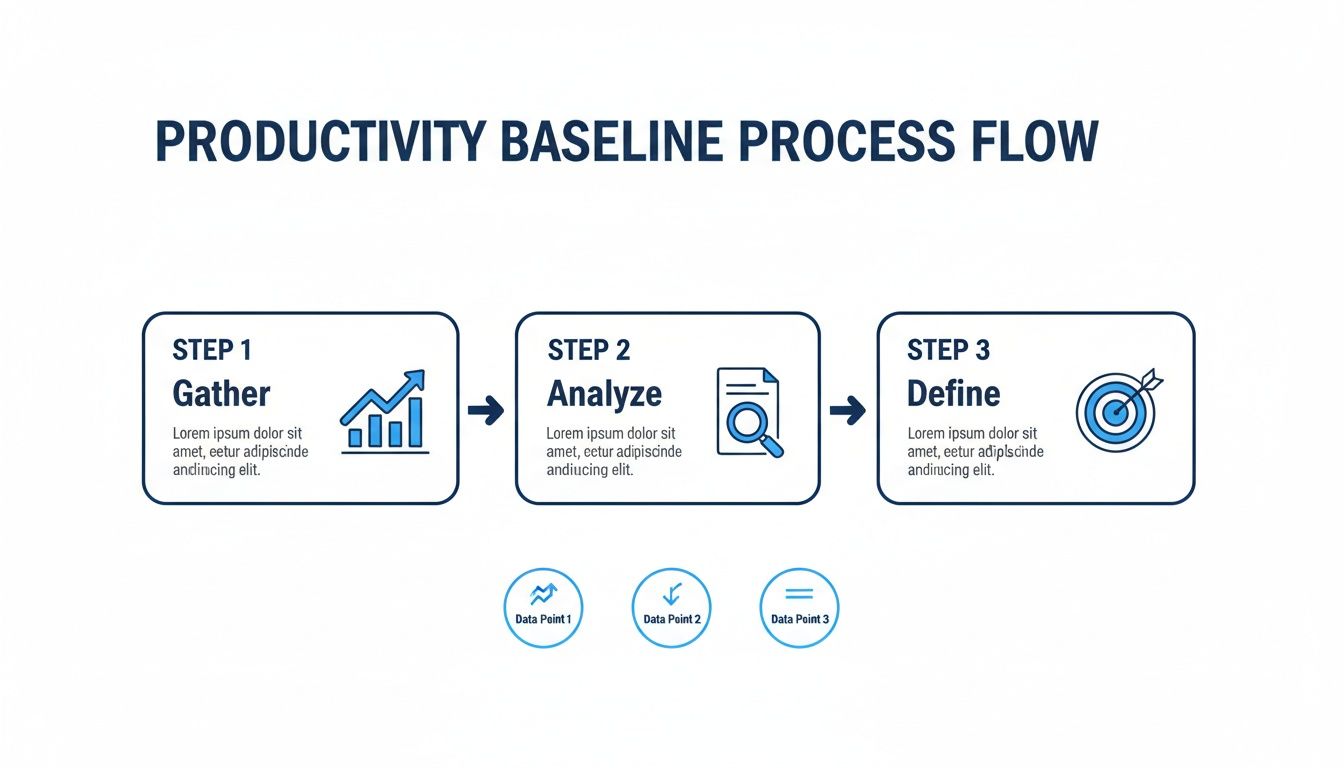 A productivity baseline process flow diagram with three steps: Gather, Analyze, and Define.