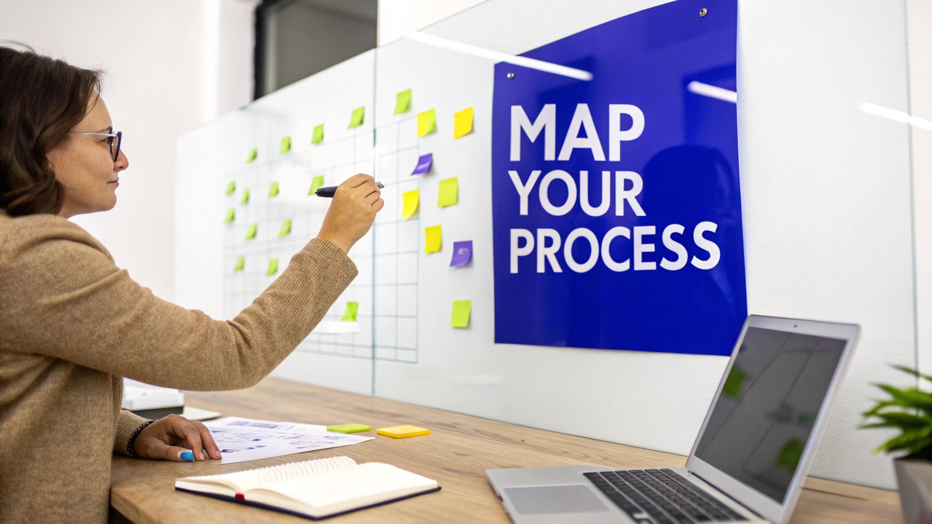 A woman in glasses maps out processes on a whiteboard with sticky notes in an office.