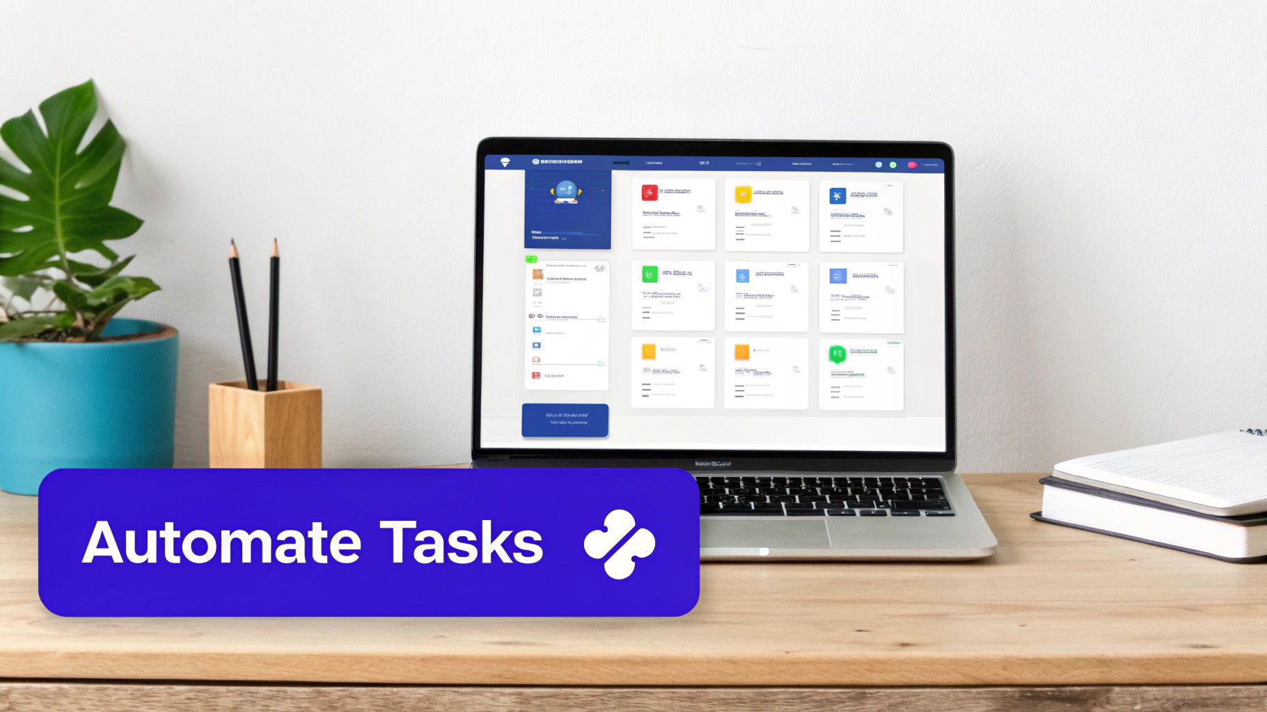 A laptop on a wooden desk displays a workflow automation dashboard with a blue 'Automate Tasks' banner.