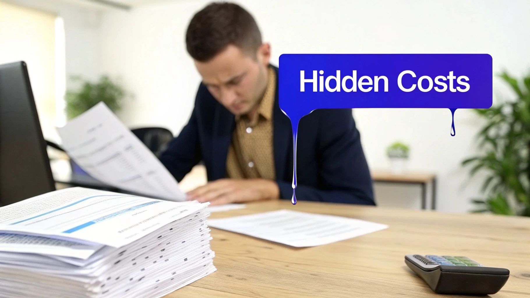 A man looks at documents at his desk with a stack of papers and a calculator, highlighting 'Hidden Costs'.