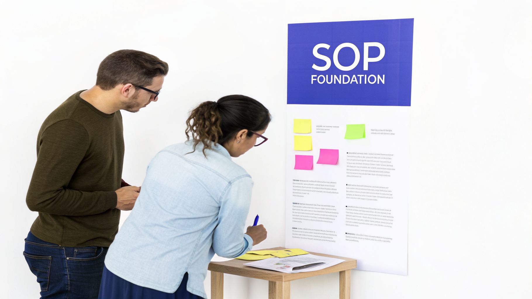 Two colleagues, a man and woman, review a large 'SOP FOUNDATION' poster with sticky notes.
