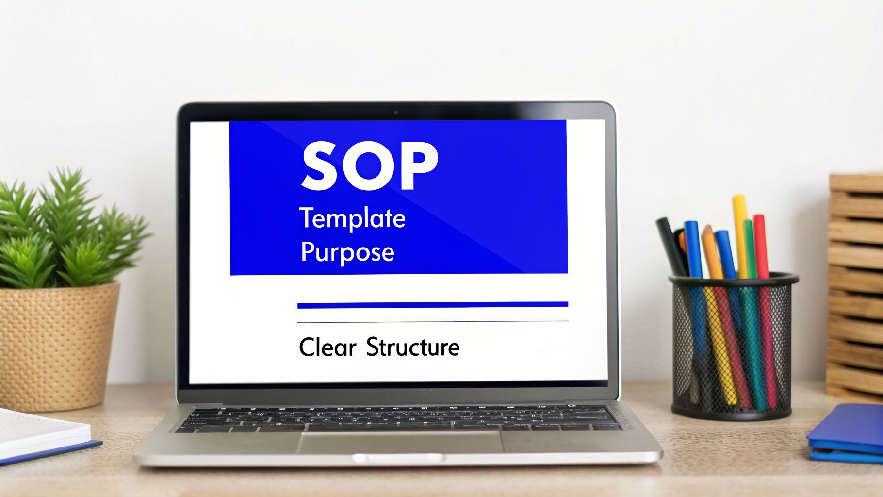 Laptop displaying a Standard Operating Procedure (SOP) template presentation on a wooden desk.