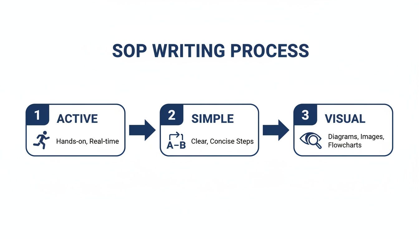 A diagram outlining the three-step SOP writing process: active, simple, and visual.