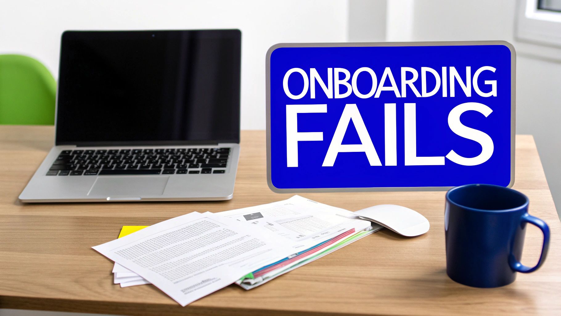 A desk setup with a laptop, papers, a mug, and a blue sign displaying 'ONBOARDING FAILS'.
