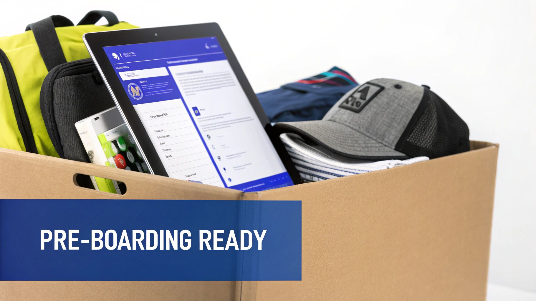A cardboard box filled with new employee onboarding essentials, including a tablet, bag, and cap.