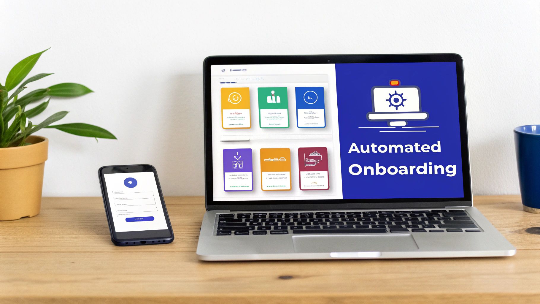 Laptop displaying an "Automated Onboarding" screen and a smartphone with a login form on a desk.
