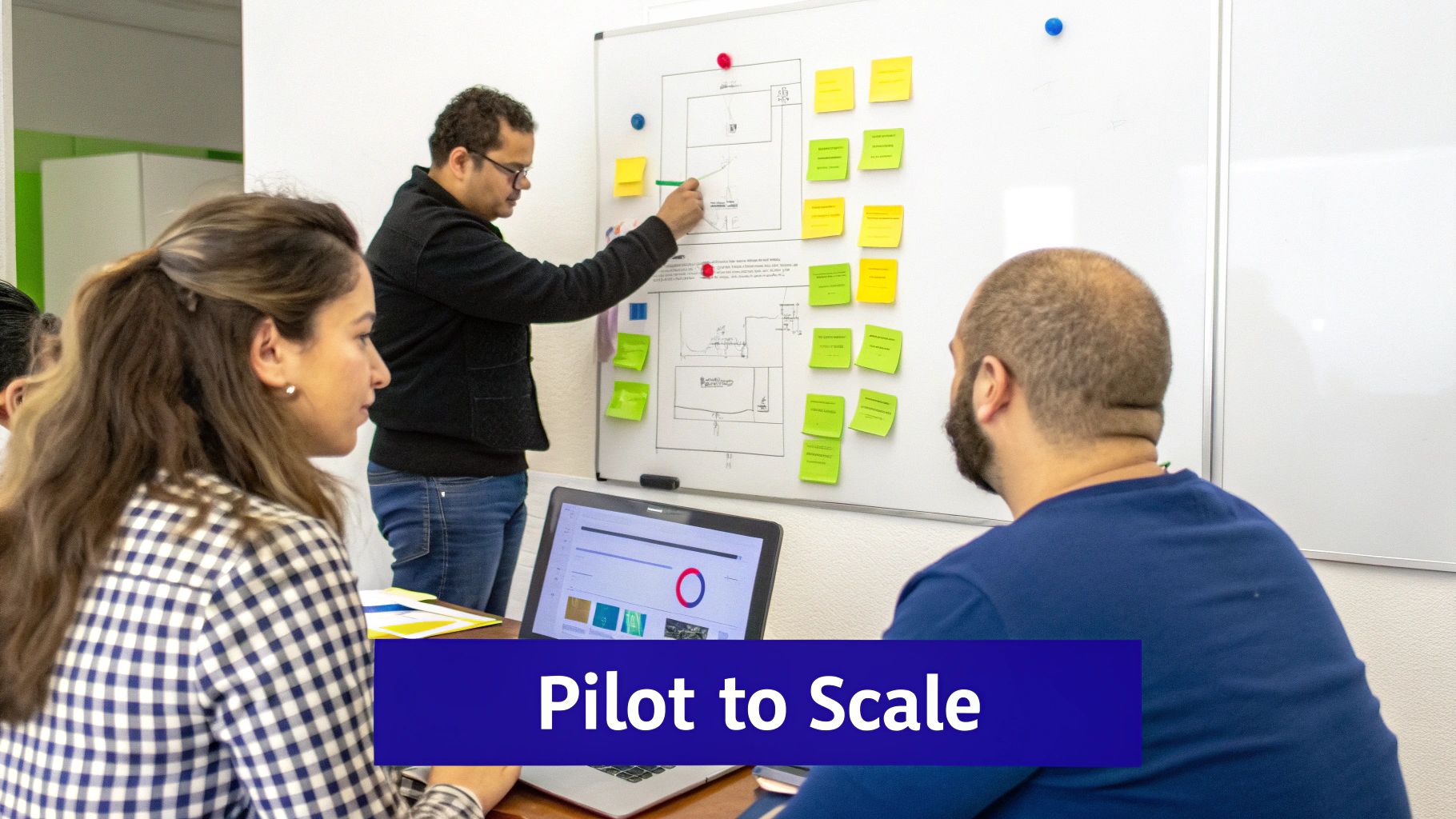 Diverse team collaborates on a whiteboard with diagrams and colorful sticky notes in a planning session.