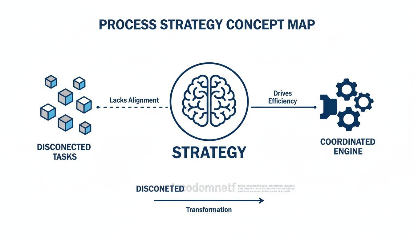 A concept map illustrating how strategy aligns disconnected tasks to drive efficiency and create a coordinated engine.