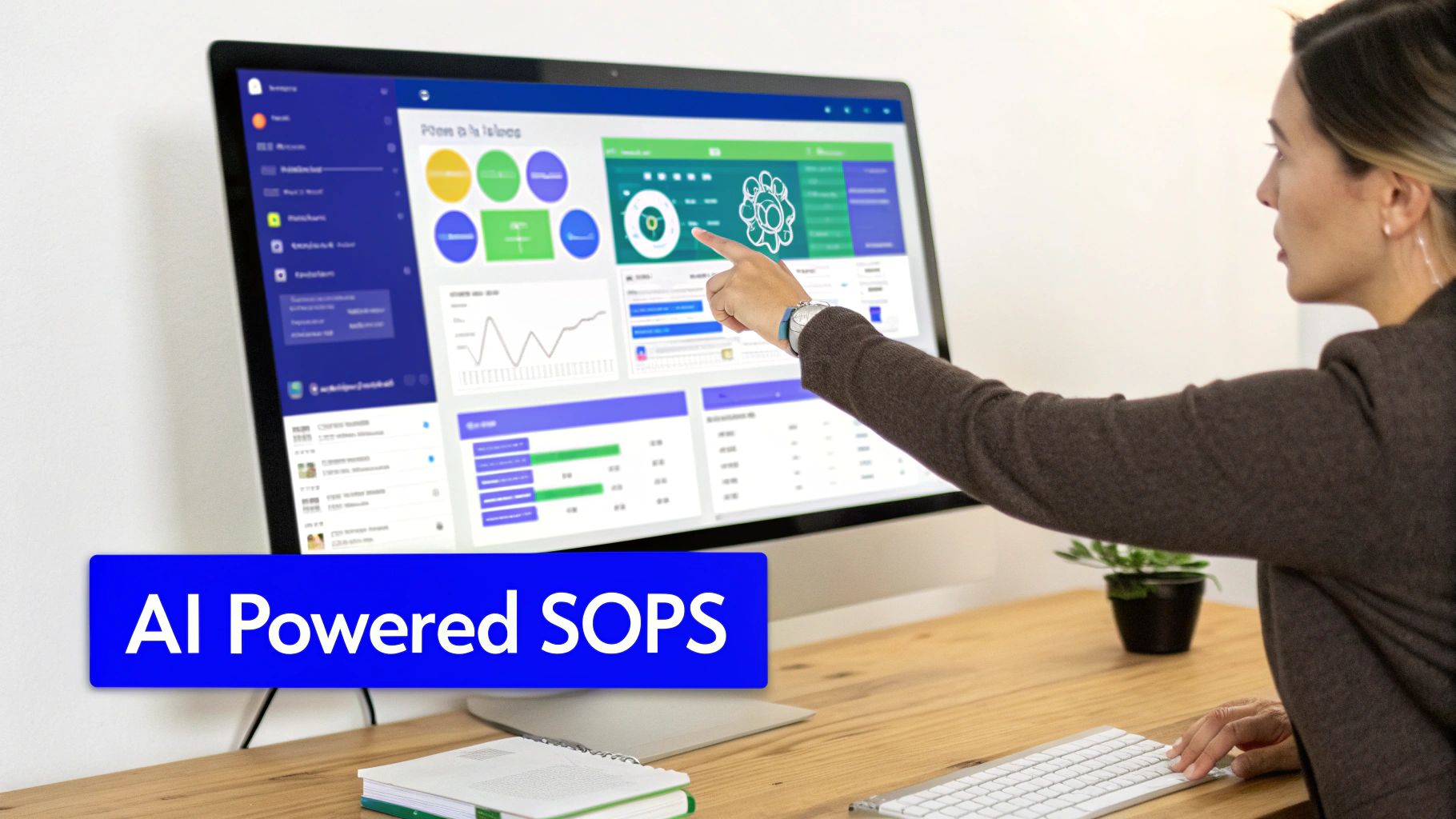 A woman interacts with a computer screen showing an AI-powered SOPs dashboard with charts.