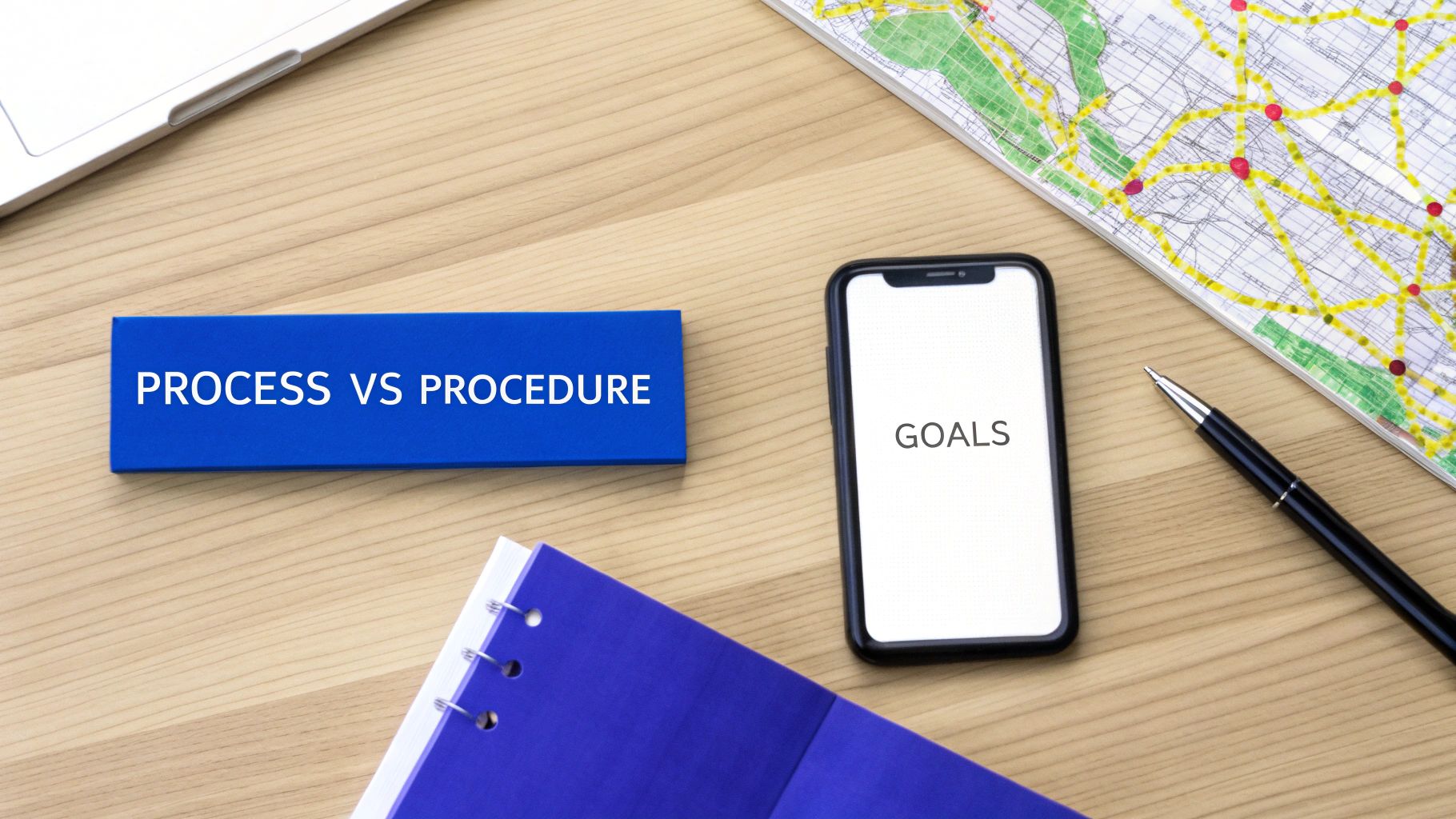 A flat lay of a wooden desk with a blue sign reading "PROCESS VS PROCEDURE", a phone displaying "GOALS", a map, a pen, and a notebook.