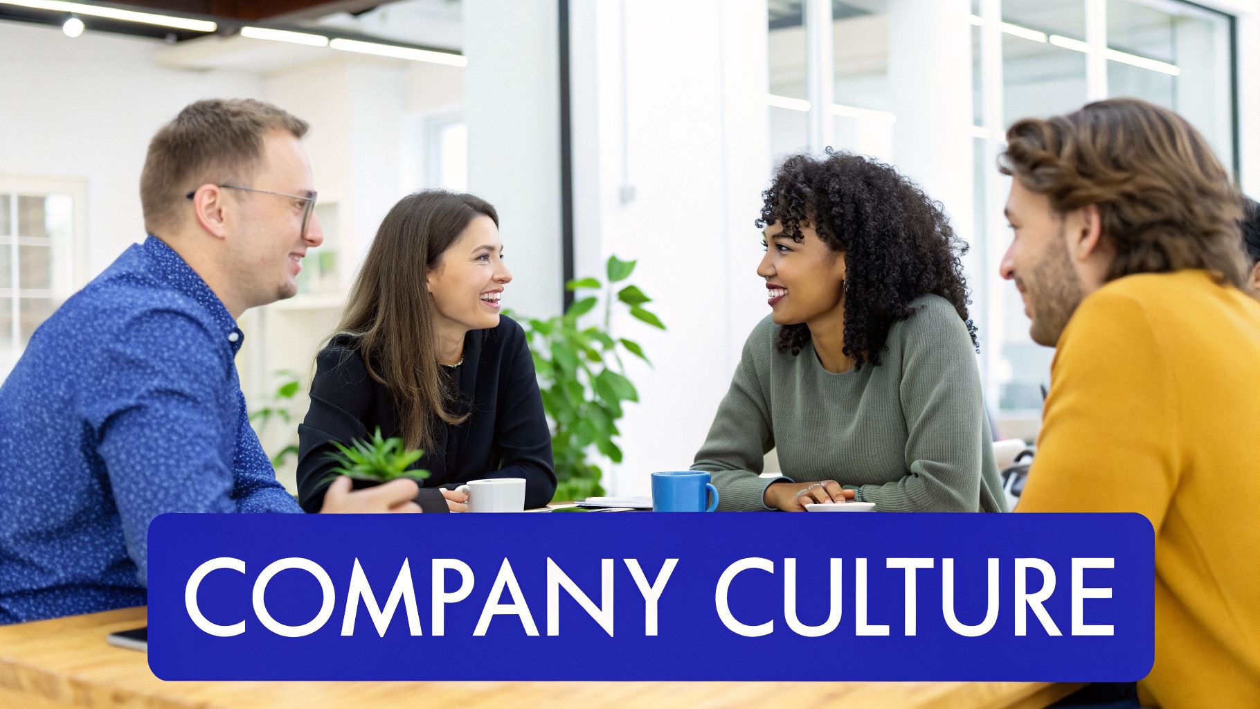 Four diverse professionals happily discussing work around a table, symbolizing positive company culture.
