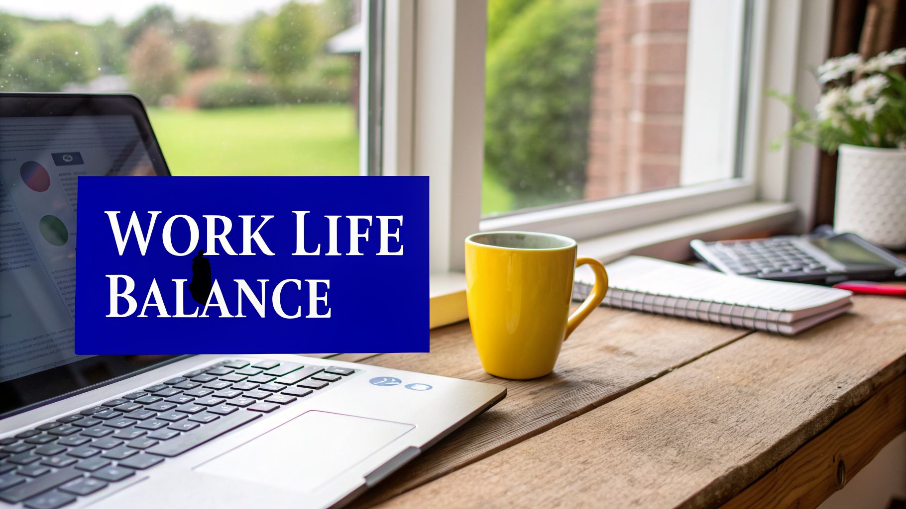 A home office desk with a laptop, yellow mug, and 'WORK LIFE BALANCE' text.