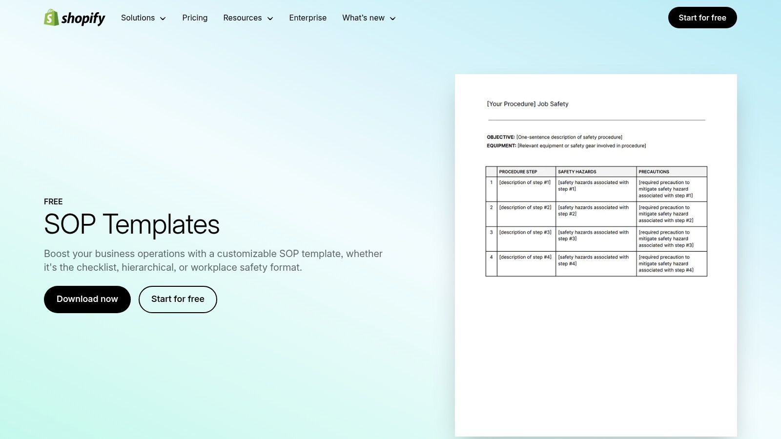 A screenshot of the Shopify Resources webpage offering free SOP templates in various formats.