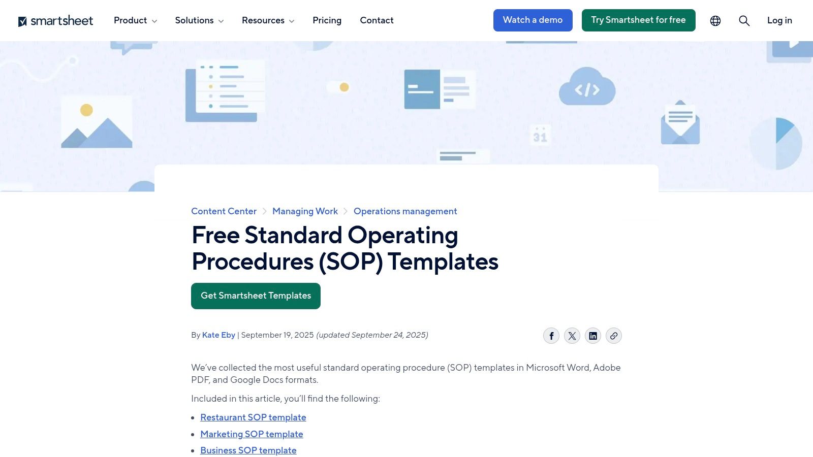 A screenshot of the Smartsheet website showing a list of standard operating procedure examples and templates.