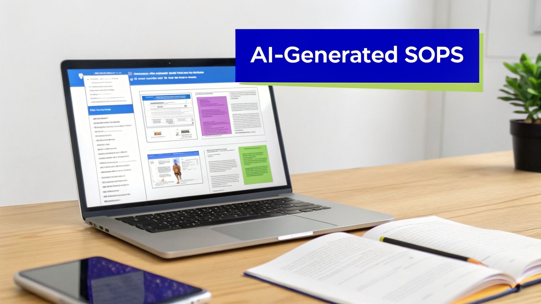 Laptop displaying AI-generated SOPs documents, with a notebook, pencil, and smartphone on a wooden desk.