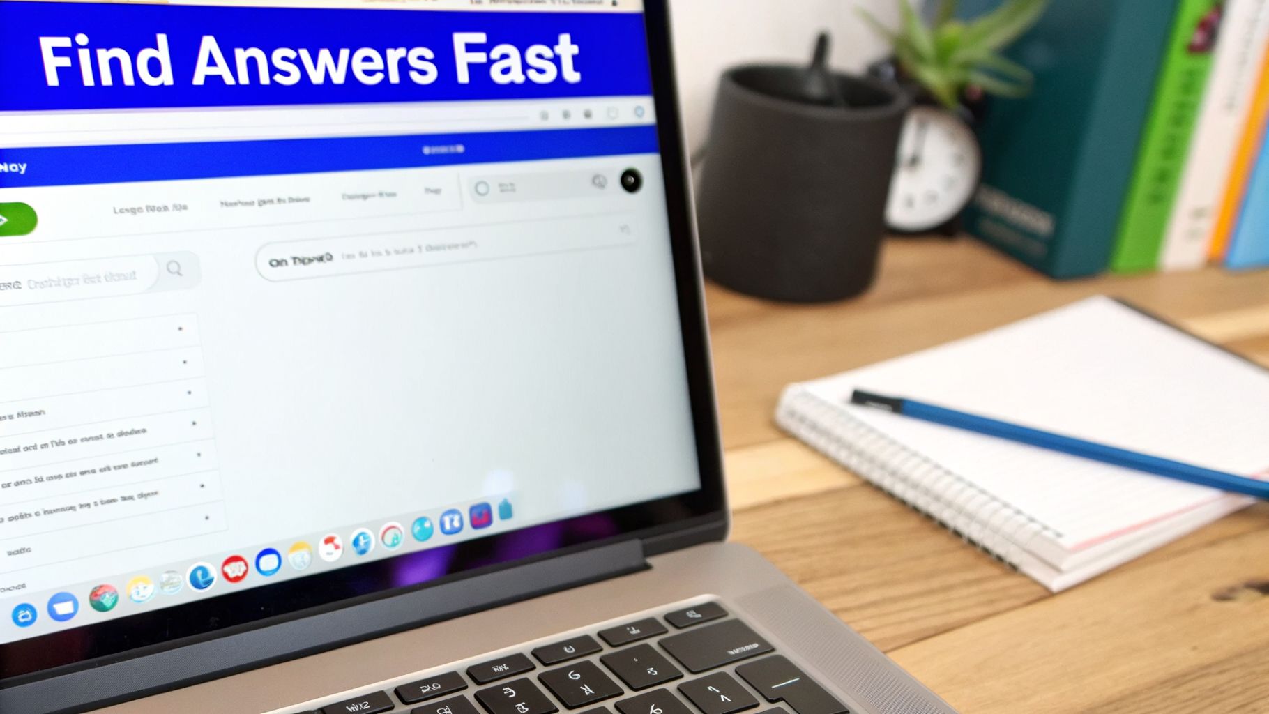 A laptop displaying a 'Find Answers Fast' webpage with a search bar on a wooden desk.
