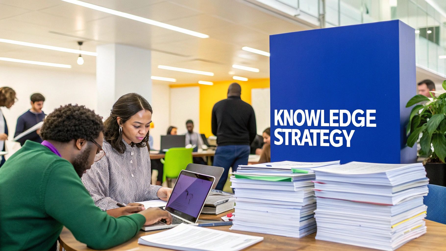 Diverse professionals collaborate in a modern office, working on laptops with a "KNOWLEDGE STRATEGY" sign.