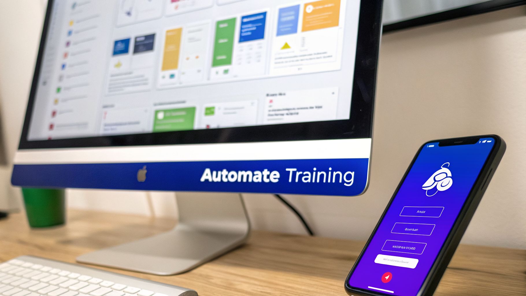 Office desk with an Apple iMac showing an 'Automate Training' platform and a smartphone running a related app.