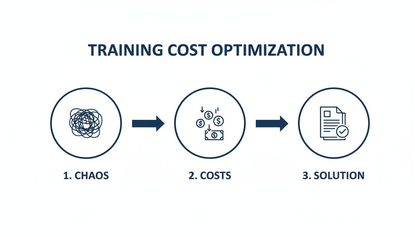 A diagram illustrates training cost optimization, moving from initial chaos to managing costs and finding a solution.
