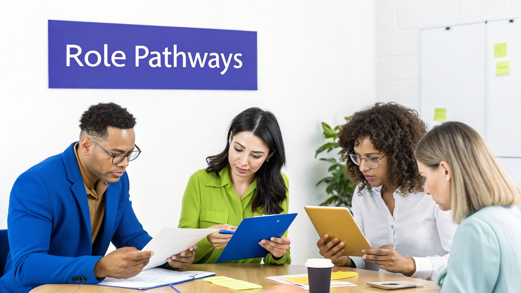 Four diverse professionals engaged in a meeting or training session, with a 'Role Pathways' sign above.