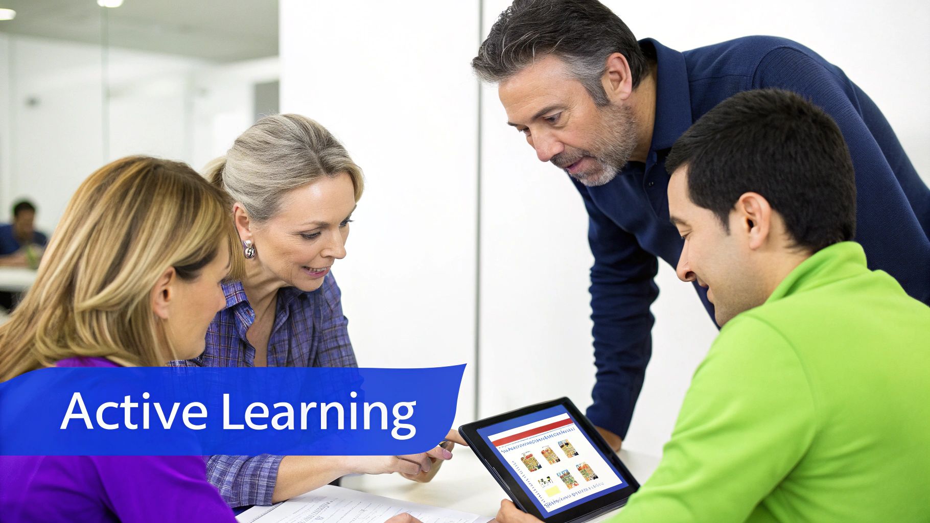 Four diverse adults collaboratively engaging in active learning around a tablet in a modern office.