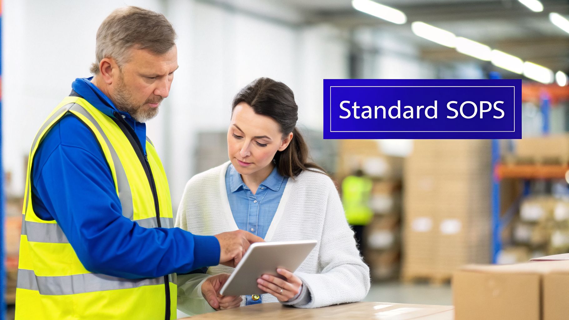 Two warehouse workers reviewing standard operating procedures on a tablet in a logistics center.
