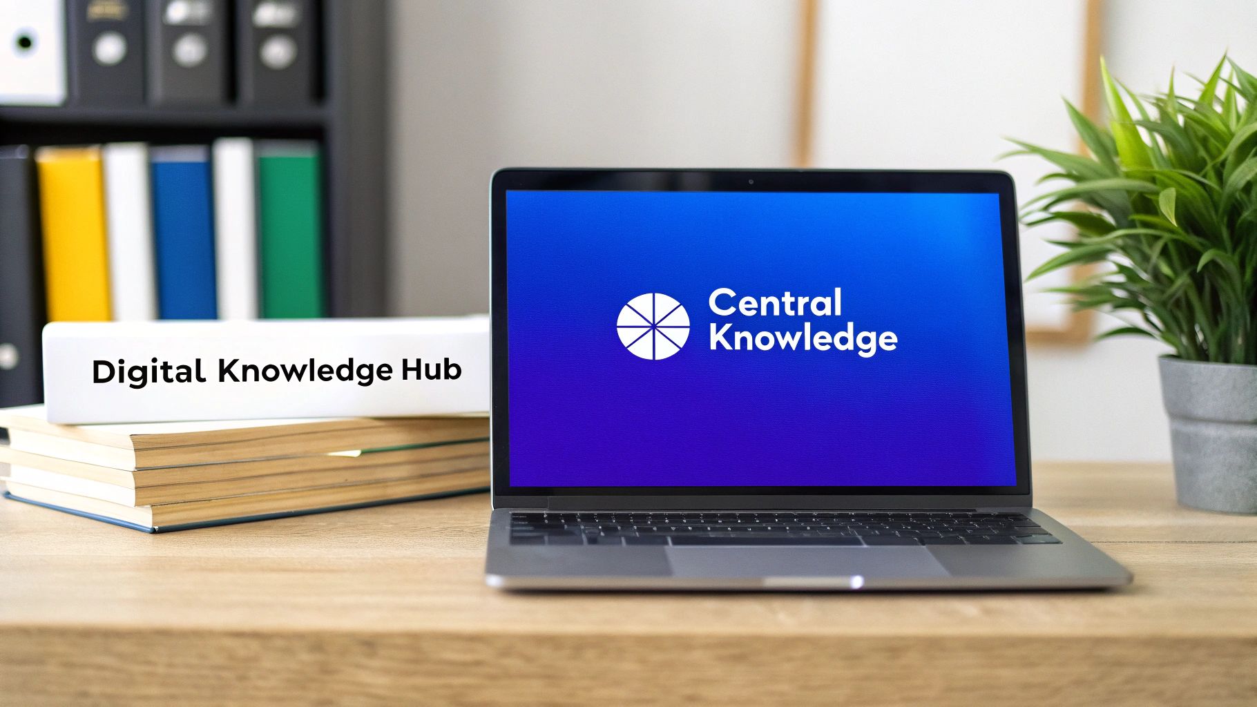 A laptop displaying 'Central Knowledge' next to a 'Digital Knowledge Hub' binder and books on a desk.