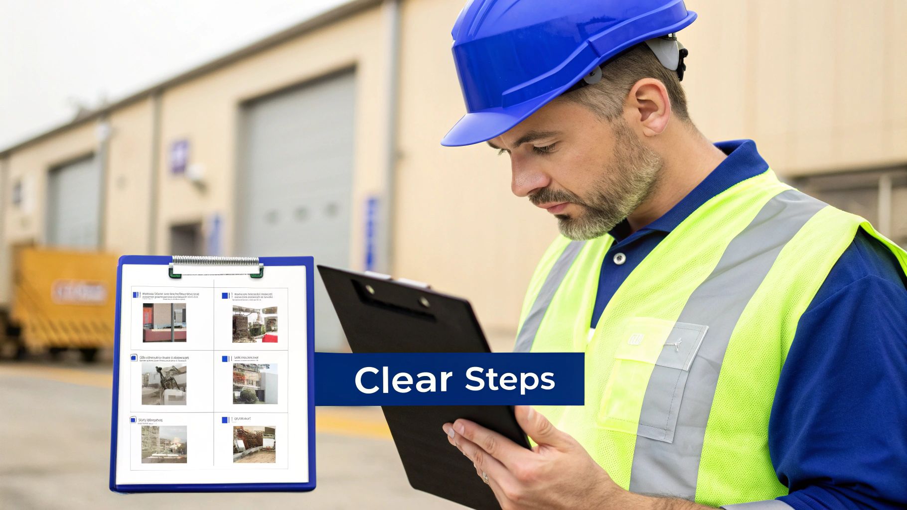 A worker in a blue hard hat and safety vest reviews work instructions on a clipboard, with 'Clear Steps' text.