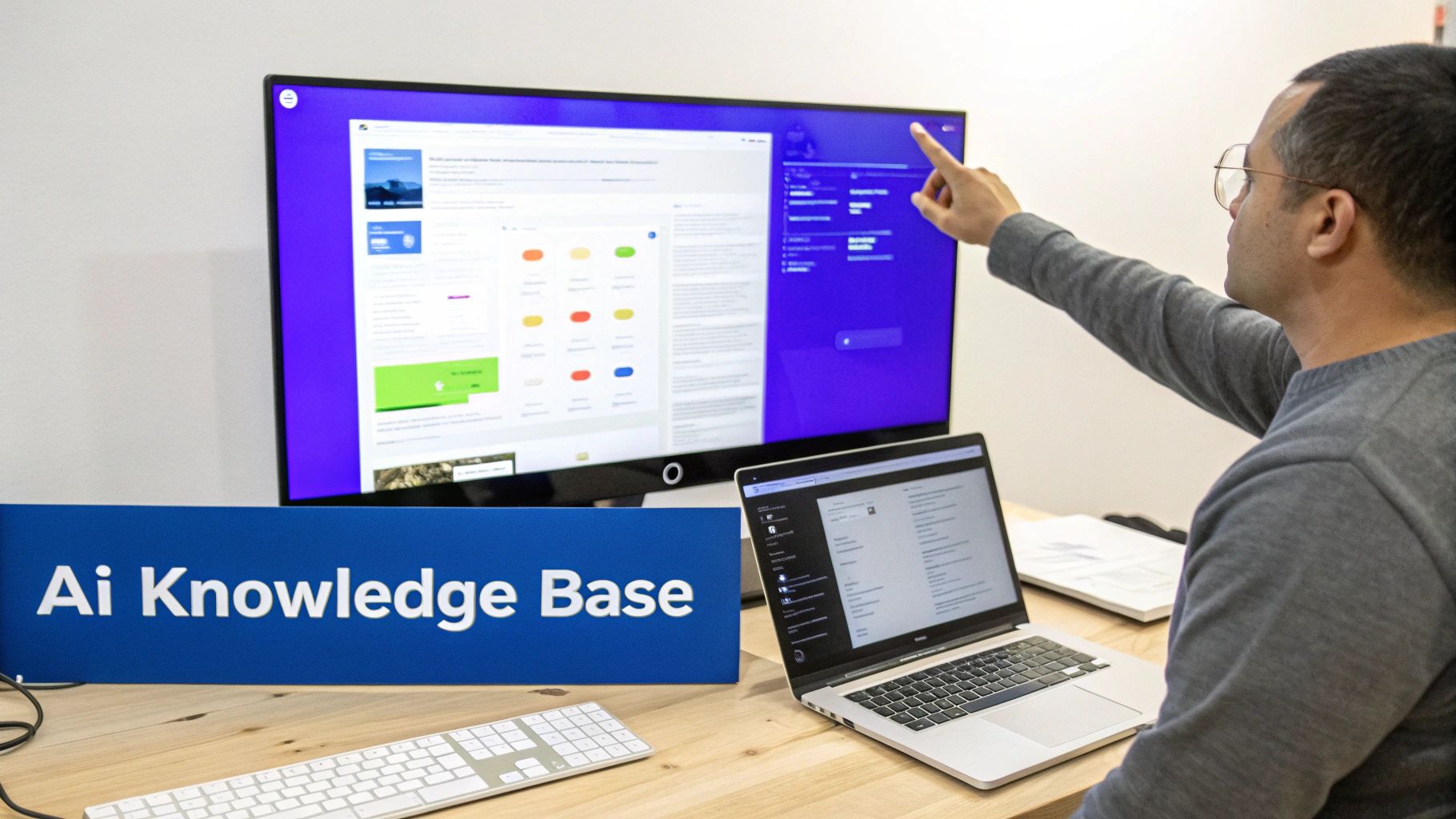 A man points at a large monitor displaying an AI knowledge base, with a laptop and keyboard on a wooden desk.