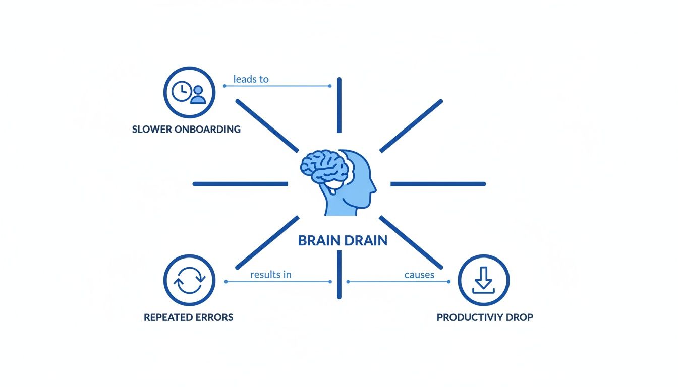 An infographic showing 'Brain Drain' impacts like slower onboarding, repeated errors, and productivity drop.