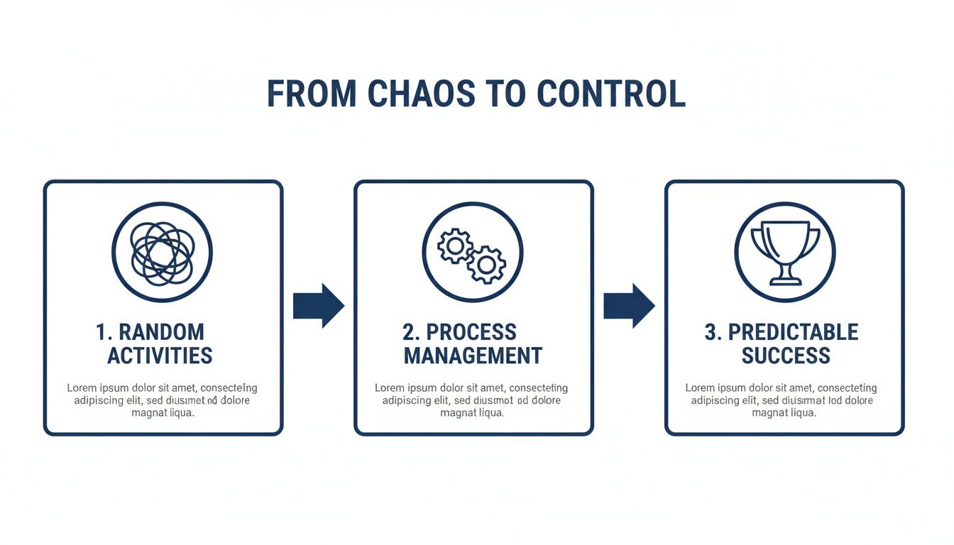 An infographic illustrating the transformation from random activities to predictable success via process management.