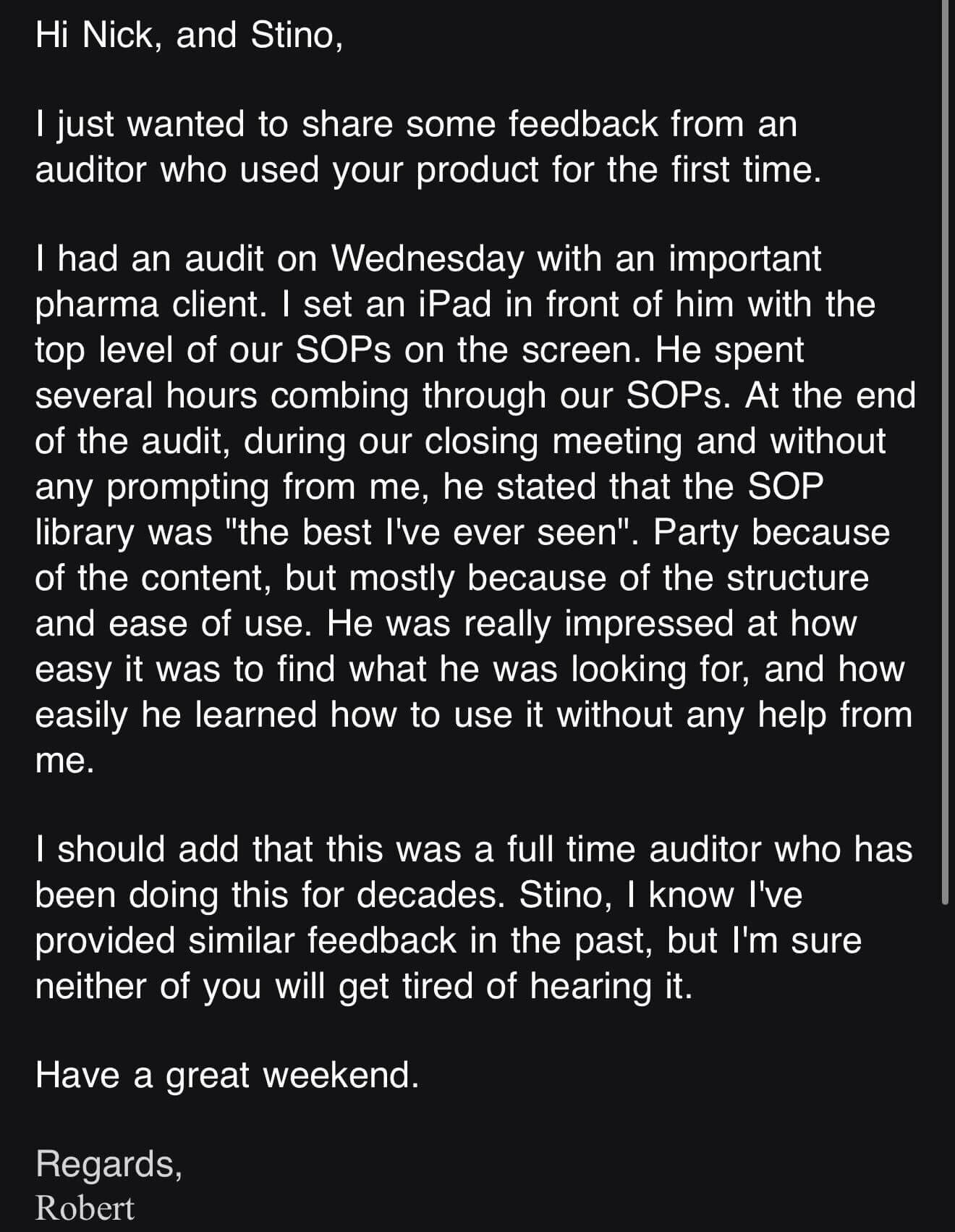 Robert - auditor feedback