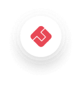 A white circular button with a red, geometric, interlocking square design in the center, shown on a light gray background.