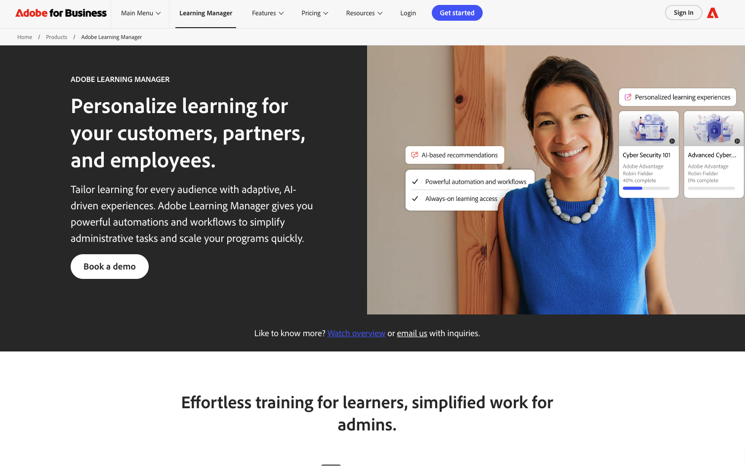 Adobe Learning Manager showing AI-assisted course creation and personalised learning paths