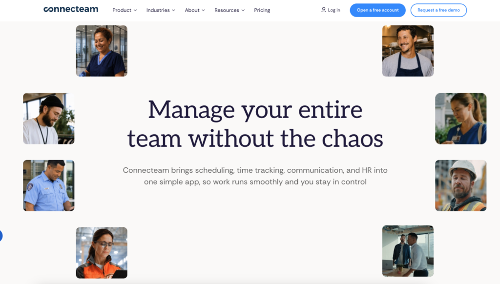 Connecteam showing its mobile-first hub for deskless teams with scheduling, chat and checklists