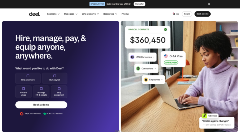 Deel showing global hiring, onboarding and payroll for distributed teams