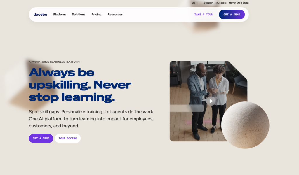 Docebo learning suite showing enterprise onboarding and compliance training